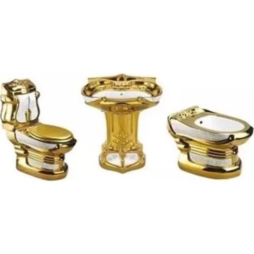 Gold toilet three piece set, including basin, toilet, womens washing device