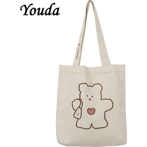 New Girls Canvas Shoulder Bag INS Student Cute Embroidery Female Handbag School Bag womens Large Capacity Reusable Shopping Bag