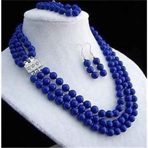 New Arrival Charming Women Sale 3 Rows 8mm Lapis Lazuli Necklace Bracelet Earring Sets Jewelry Wholesale and Retail 17-19inch
