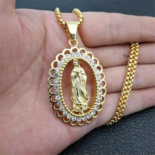 Religious Iced Out Virgin Mary Necklace Wholesale Female Gold Color Stainless Steel Madonna Pendant & Chains For Women Jewelry