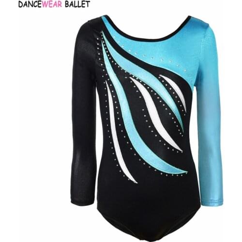 Rhythmic Gymnastic Leotard Girls Shiny Metallic With Rhinestone Kids Toddler Dance Ballet Leotard Dress Long Sleeve Gym Leotard