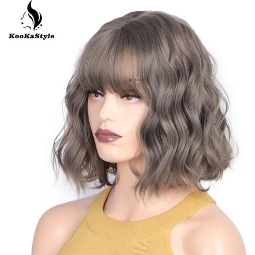 KooKaStyle Synthetic Wigs for Women Short Bob Wigs with Bangs Grey Wigs Short Wavy Wigs Cosplay Wigs for Brazil America
