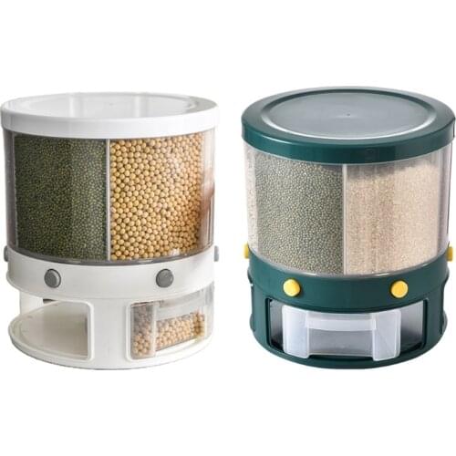 T3EC 10Kg Kitchen Food Storage Container Rotating Cans for bulk Cereals Grain Organizer Box 6-Grid Rice Bucket