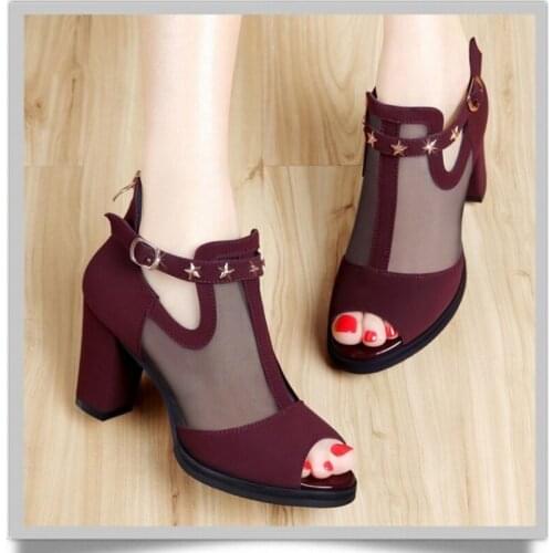 Women Pumps High Thick Black Heels Ladies Shoes Luxury Rivet Mesh Zipper Open Toe Casual Party Wedding Platform Chunky Sandal