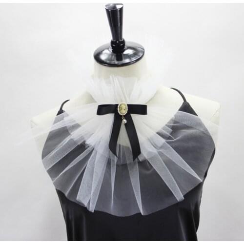 Victorian Ruffled Mesh Jabot Diamond Bowknot Detachable Collar Cosplay Necktie