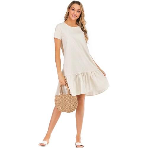 Vintage Women Cream Color Casual Loose Dress Solid Short Sleeve Ethnic Summer A-line Knee Dresses Plus Size Retro vestido mujer