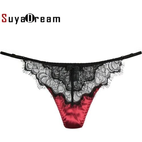 SuyaDream Silk Satin Woman Low Waist Sexy LACE G-string Red Transparent Thong