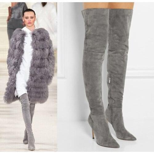 KALMALL Botas Mujer Winter Women Over-The-Knee Boots Pointed Toe Suede Thigh High Boots Stiletto Heels Women Motorcycle Boots