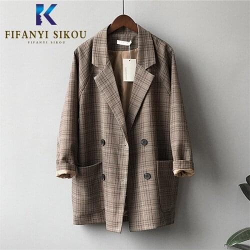 Vintage Women Plaid Blazer Jacket Double Breasted Pocket Fashion Suit Jacket Work Office Lady Loose Blazer Coat 2020 Autumn New