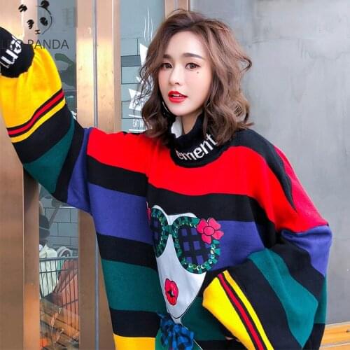 2020 Spring and Autumn Rainbow Stripe Loose Large Size Sweater Women Fashion Puff Sleeve Turtleneck Knit Sweater