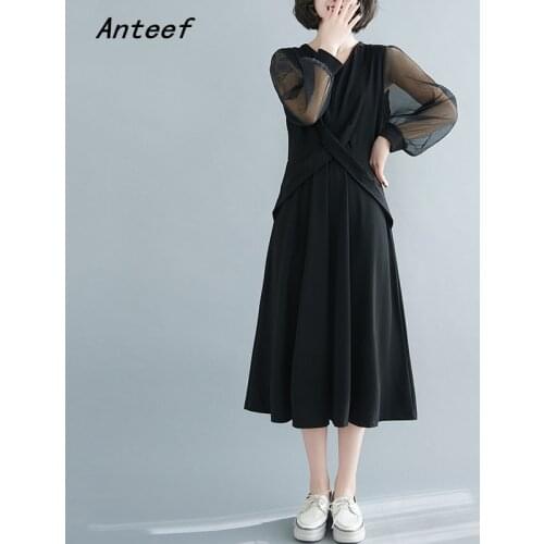 Long sleeve plus size black mesh vintage dresses for women casual loose spring autumn dress elegant clothing 2021