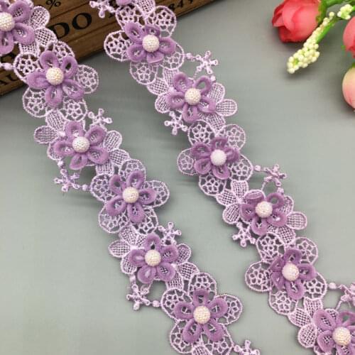 1 yard 3.5cm Purple Lace Ribbon Pearl Flower Embroidered Lace Trim Applique Fabric Handmade DIY Wedding Dress Sewing Craft