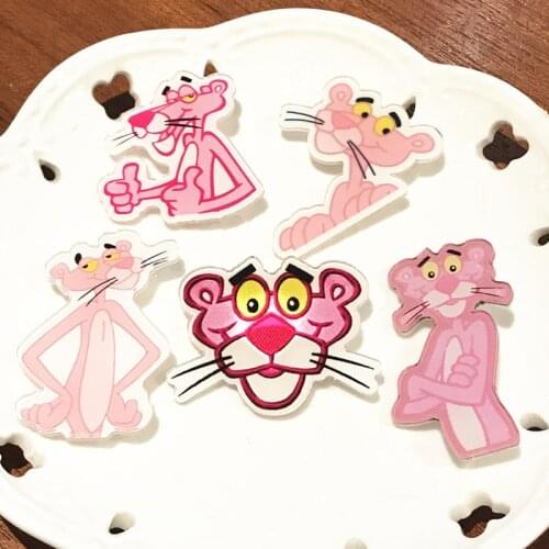 5pcs/set Cartoon Funny Character Pink Panther Figure Naughty Leopard Acrylic Brooch Pin On Backpack For Girl Button Badges Kids