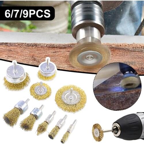 6/7/9PCS Wire Wheel Brush Wire Brush 1/4 Inch Arbor Coarse Steel Wire Removing Rust Abrasive for Engraver Rotary Electric Tool
