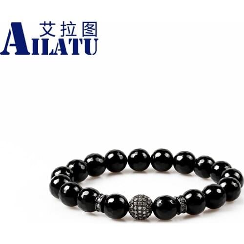 Ailatu Men' Gifts Powerful 10mm Facted Black Onyx Stone Beads Micro Inlay White Cz Ball Charm Bracelet