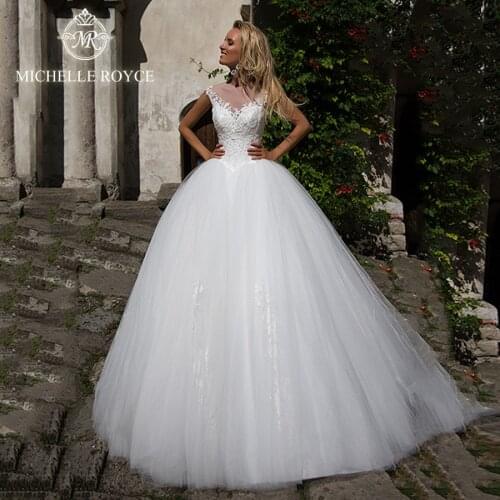 Michelle Royce Ball Gown Wedding Dresses 2020 Sweetheart Sexy Illusion Basque Appliques Lace Up Chapel Train Vestido De Noiva