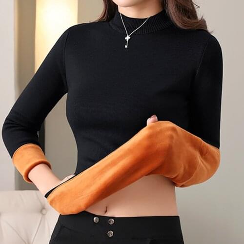 Abrini Winter Basics Thermal Underwear Sweater Long Johns Solid O-neck Slim Jumper Thick Warm Soft Pullover Velvet Sweater 2021