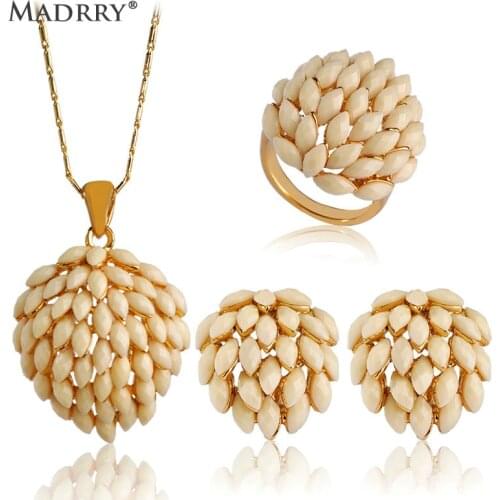 Madrry New Arrival Dubai Flower Jewelry Sets Pendant Necklace&Earrings&Rings For Women Gold color Wedding Dress Sweater Joyas