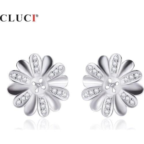 CLUCI Authentic 925 Sterling Silver Women Flower Pearl Ring Mounting Jewelry for Wedding Sterling Silver Zircon Earrings SE150SB