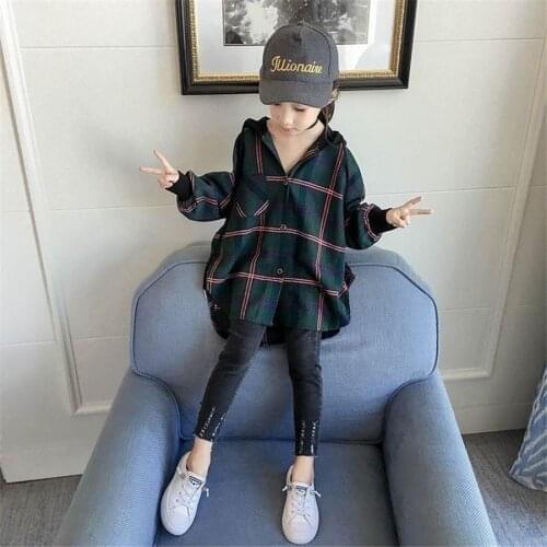Hot 2020 Children Blouse Girl Cotton Green/Red Plaid Shirts for Teenagers Spring Autumn Fashion Hooded Cardigan Jacket 3-13Yrs