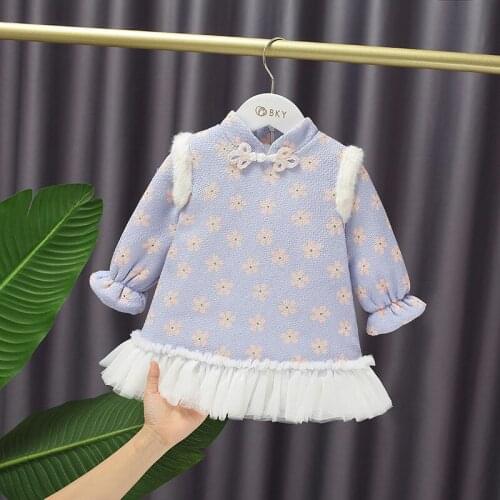 Kids Dresses for Girls Winter New Cute Chinese Style Baby Plus Velvet Dress Pleated Net Yarn Stitching Print Girl Princess Dress