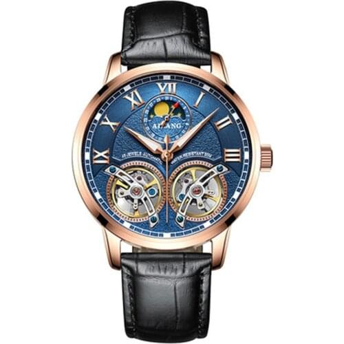 Double Tourbillon Switzerland AILANG Original Men Automatic Mechanical Watch Auto-Wind Fashion Mens Black Leather Band
