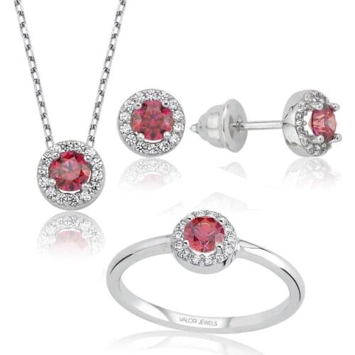 Valori Jewels 1 Carat, Zirconia Red And White Round Gemstone, Rhodium Plated, Sterling Silver Trio Set