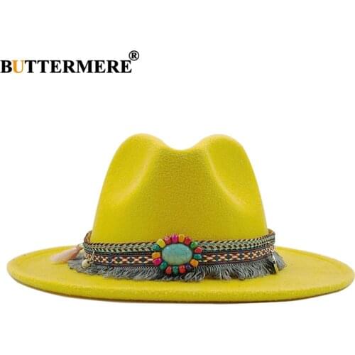 BUTTERMERE Yellow Women Men Ladies Fedoras Top Jazz Hat Imitation Woolen European American Autumn Winter Ethnic Style Felt Hat