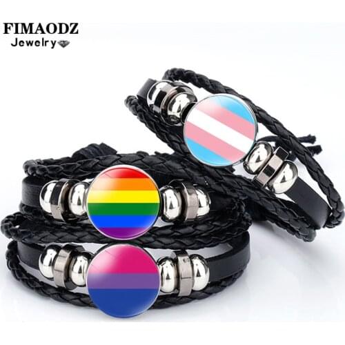 FIMAODZ Rainbow Flag LGBT Leather Bracelet Lesbian Gay Pride Glass Cabochon Photo Handmade Bracelets for Men Women Couple Gift