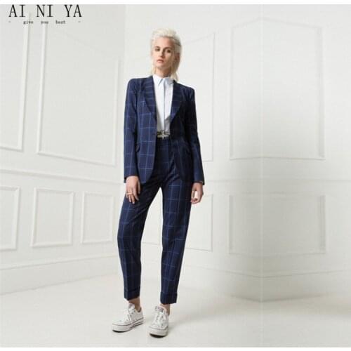 New Women Business Suits Formal Work Office Long Sleeve Coat Pant Suits OL Slim Plaid Pattern Blazer Slim Suit Custom