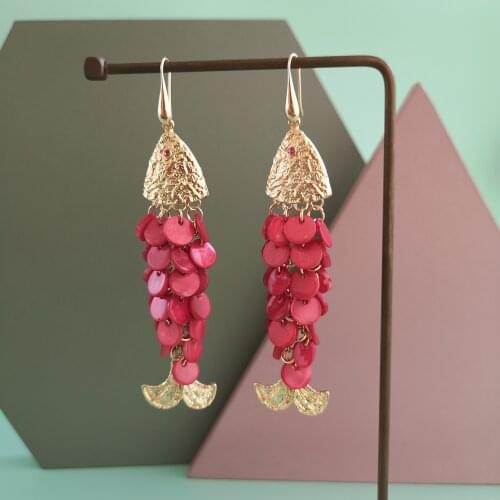 Juran ZA Red Fish Scale Round Long Earrings Colorful Dangle Earring 2020 New Trendy Natural Ear Jewelry Oorbellen