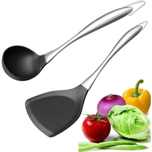Food Grande Silicon Kitchen Cooking Utensils Sets Kitchen Tools Set Stainless Steel Soup Spoon Ladle Turner 2pcs Sets