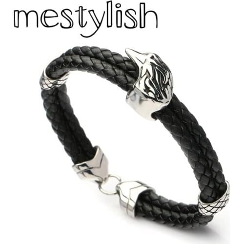 Mestylish Double Circle 5mm Genuine Leather Bracelet Stainless Steel Eagle Head Charms Bracelet OT Clasp Men Bracelet Jewelry