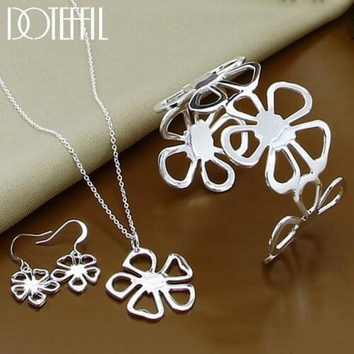 DOTEFFIL 925 Sterling Silver 18 Inch Chain Flower Necklace Bangle Earring Set For Woman Wedding Engagement Fashion Charm Jewelry