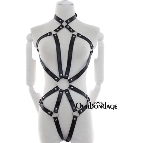 Ourbondage Women Harness BDSM Bondage PU Leather Flower-Shape Body Chest Harness Strap With Waist Belt For Women Sex Toy