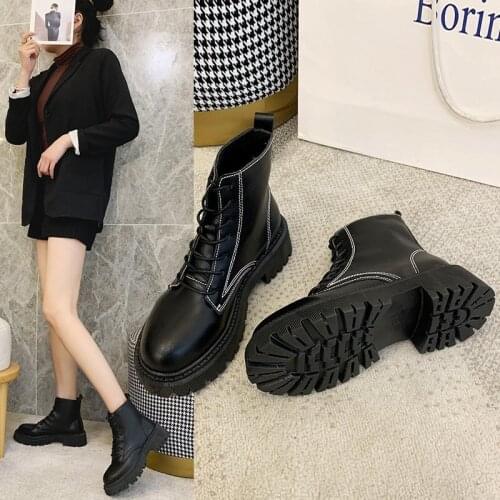 Popular Autumn New Korean Fashion Handsome Lace-up Motorcycle Boots Net Red Thick-soled Casual Round Toe Martin Boots Women