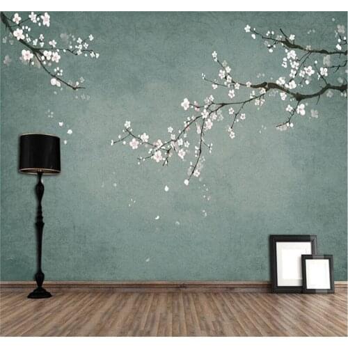 Professional custom wallpaper new Chinese style hand-painted plum flower pen and bird illustration-decorative painting