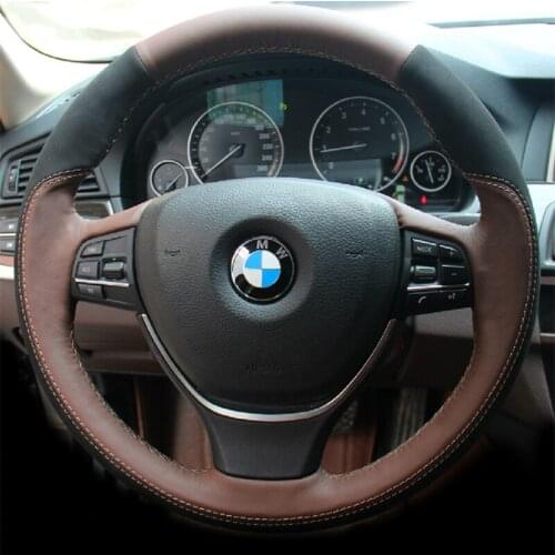 Car Steering Wheel Cover Customize Hand-Sewing Black Suede Brown Leather for BMW 3 5 Series 520i 523i 525Li X3 X5 320i Li