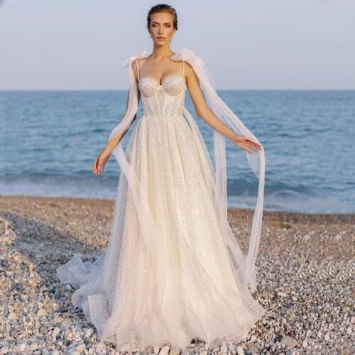 Eightree 2021 Sexy Glitter Wedding Dress Sleeveless Tulle A-Line Lace up Back Summer Beach Bridal Gown Evening Dress Custom Size