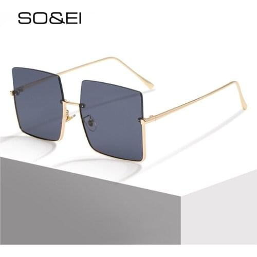 SO&EI Fashion Oversized Square Semi-Rimless Sunglasses Women Brand Designer Vintage Clear Ocean Lens Eyewear Men Sun Glasses