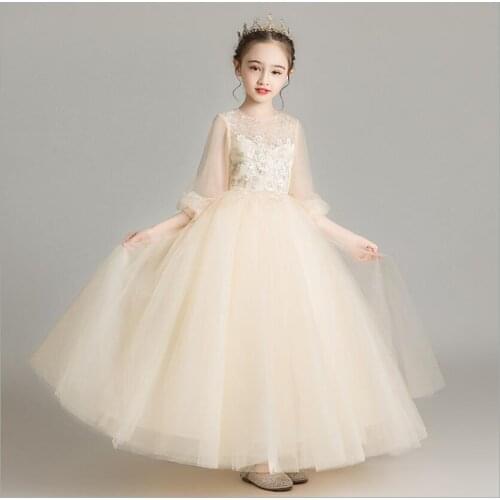 Light Champagne Tulle 3D Appliques Flower Girl Wedding Gown Kids Evening Party Dress Long Prom Princess Formal Birthday Dresses