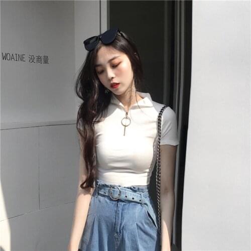 Womens Summer Korean Chic Retro Short-sleeved Ring Zipper POLO Collar Slim-fit Half-sleeved Tops Solid Color T-shirt y2k топ