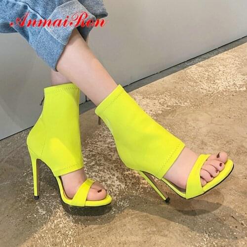 ANMAIRON Party Zip Gladiator Stretch Fabric Sandals Women PU Solid Fashion Zipper Sexy Super High Thin Heels 2020 Women Shoes