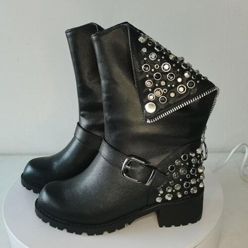 Women ankle boots natural leather shoes plus size 22-27.9cm Metal rivet decorated with short boots and velvet women winter shoes