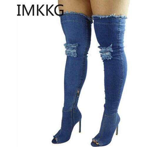2020 Summer Autumn Thigh High Boots Women Fashion Peep Toe Over The Knee Boots Blue Denim Jeans Zipper Long Boots Shoes Ladies
