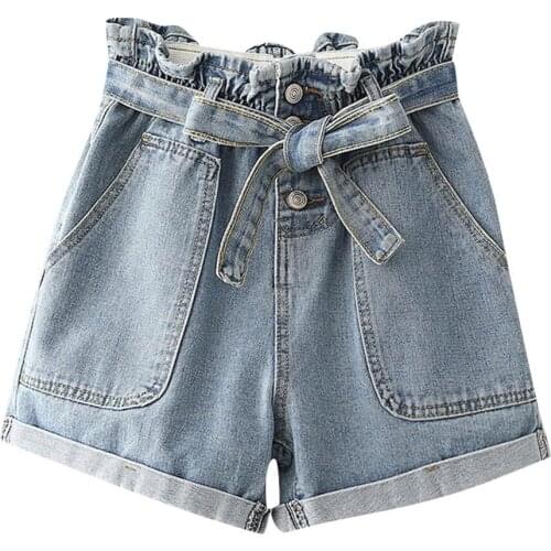 2021 Korte Femme Vrouwen Boog Butto Grote Zak Losse Denim Casual Kleine Katoen Korte Broek Шорты С Высокой Талией Denim Shorts