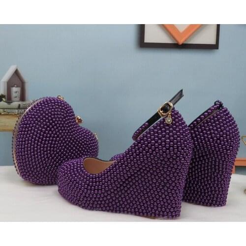 BaoYaFang Aubergine Purple Pearl Ankle Strap Wedding shoes Bride platform shoes Wedges Woman High Heel Pumps Buckle Round Toe