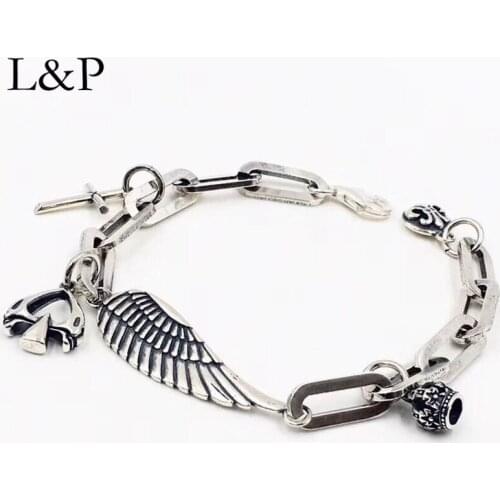 L&P 100% 925 Sterling Silver Bracelet Women Punk Cross& Wings Feather Bracelets Bangles Charm Jewelry Wedding Party Gift