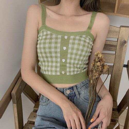 Retro Sweet Plaid Pattern Buttons Knit Camisole Sexy Slim Womens Bottoming Crop Top Knitted Top 4 Colors Feminina