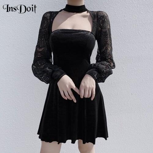 InsDoit Gothic Cut Out Sexy Black Dresses Lace Patchwork Long Sleeve Vintage A Line Dress Women Elegant Party High Waist Dress